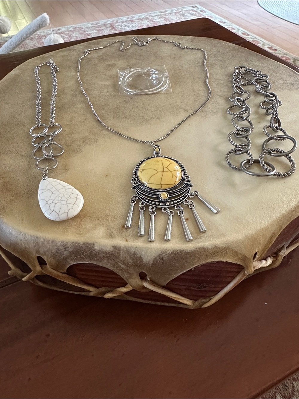 Boho Silver Pendant Necklace with Yellow Stone Accent